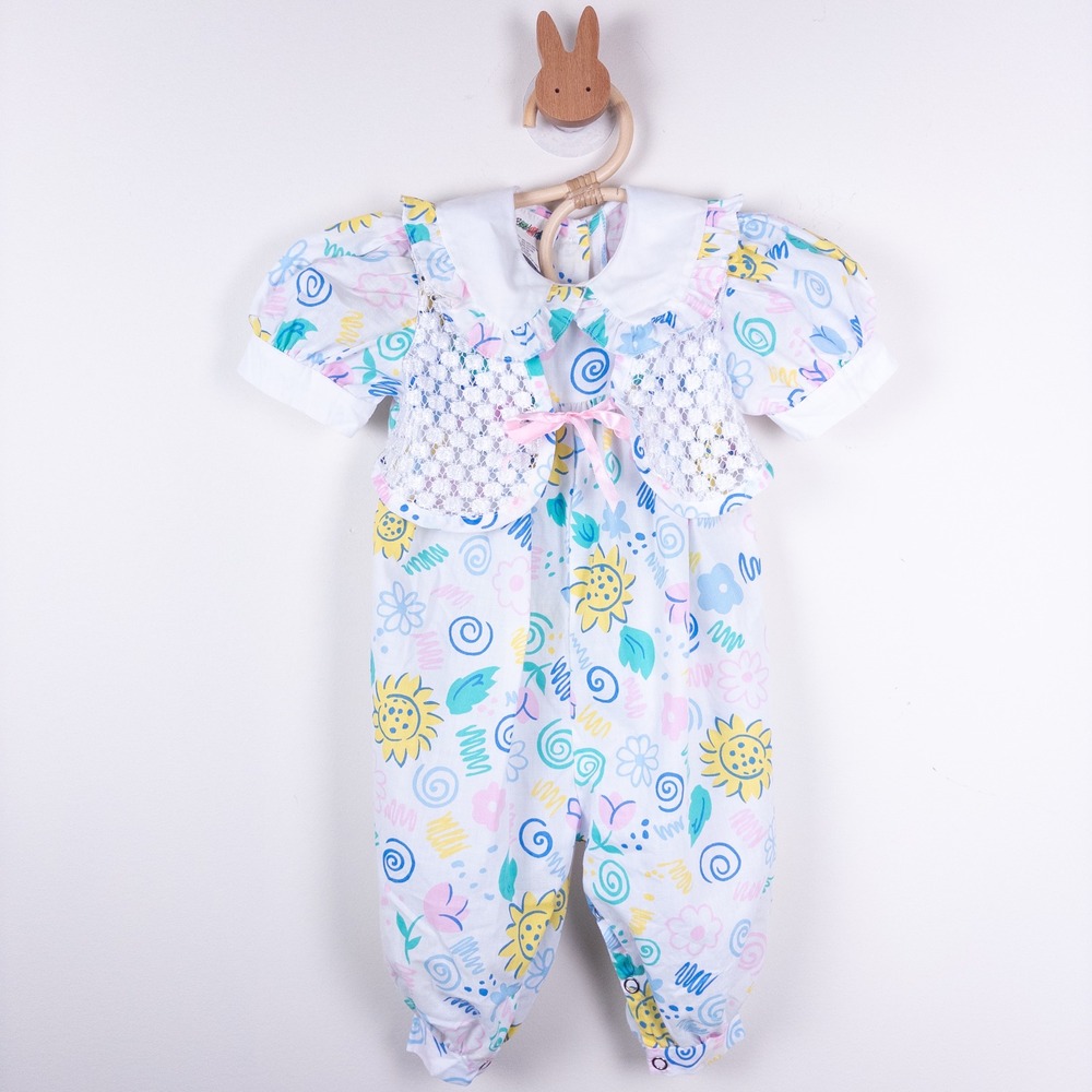 Vintage 90s Broadway Kids Romper Kids 12M White Floral Lace Vest Sun Print